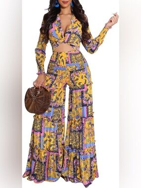Banjul Yellow Patchwork Wide-Leg Pants with Pink & Blue Accents size 2x /2x